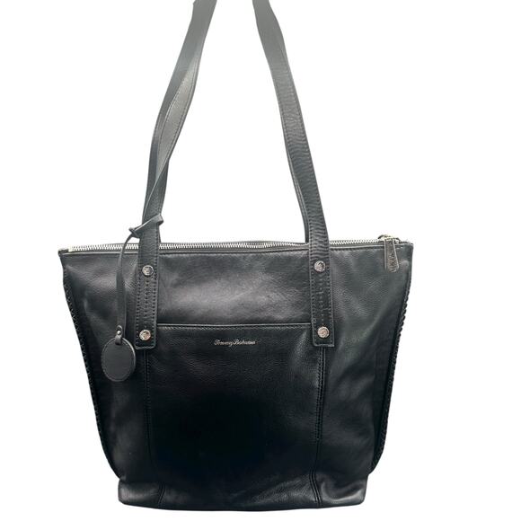 Tommy Bahama Black Leather Tote Bag Zip Top Shoulder Purse - Picture 2 of 15